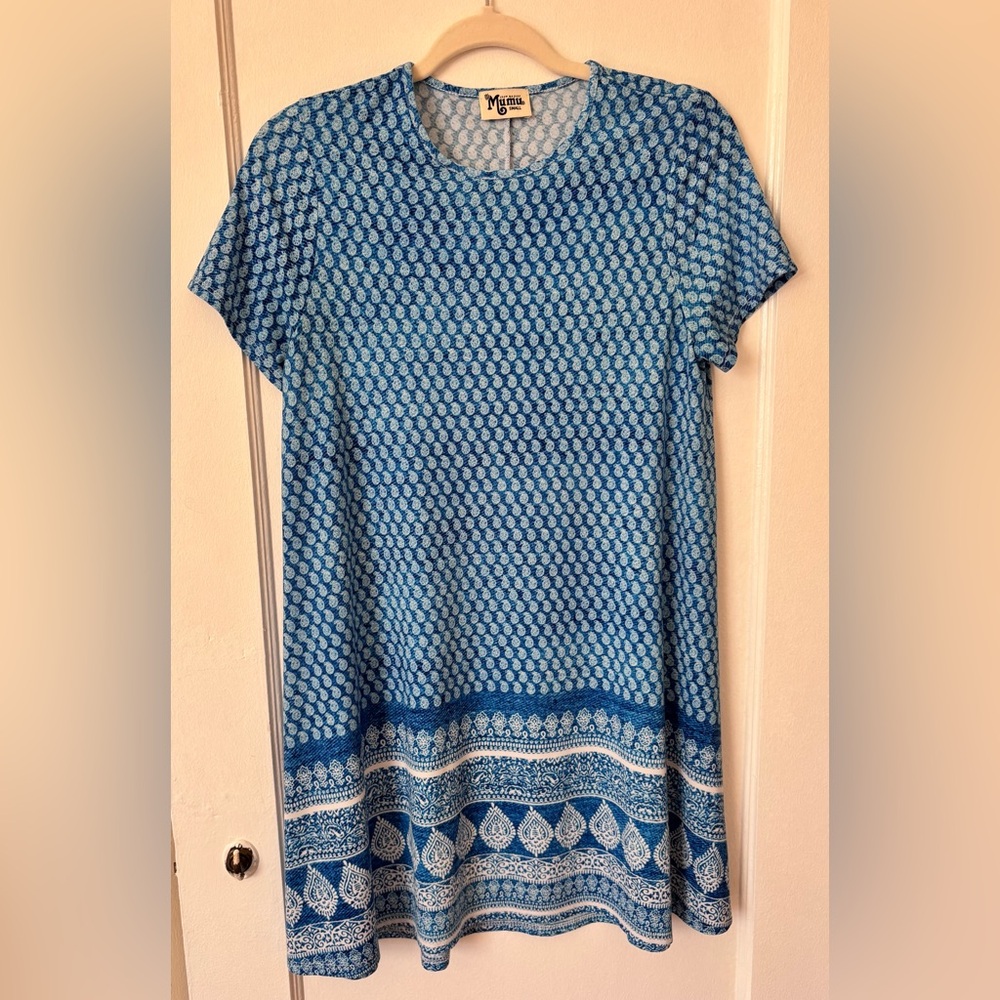 Show Me Your Mumu Blue Boho Print Shift Dress Flowy Short Sleeve Size S